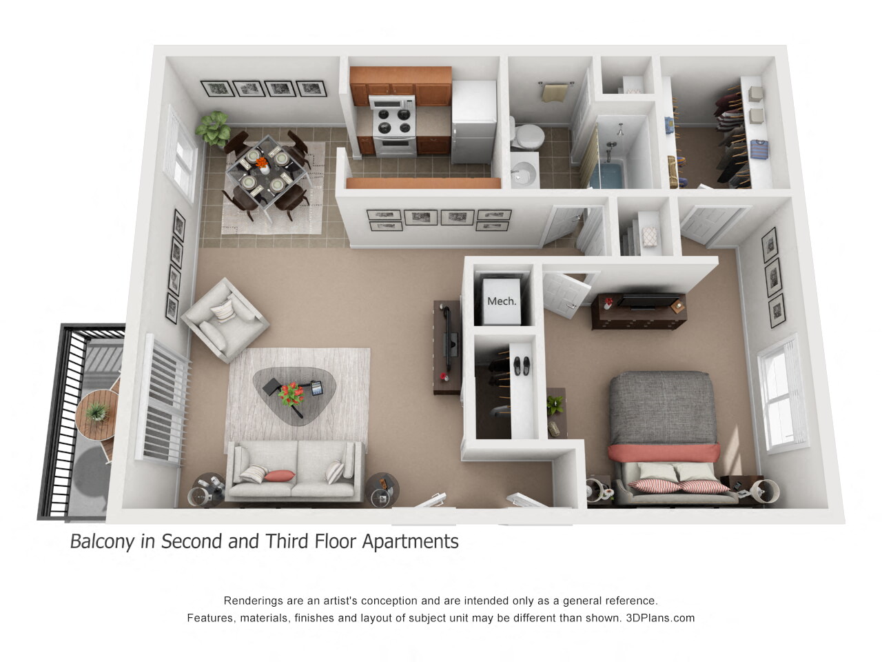 Floor plan for 1 bed, 1 bath, 850 sqft